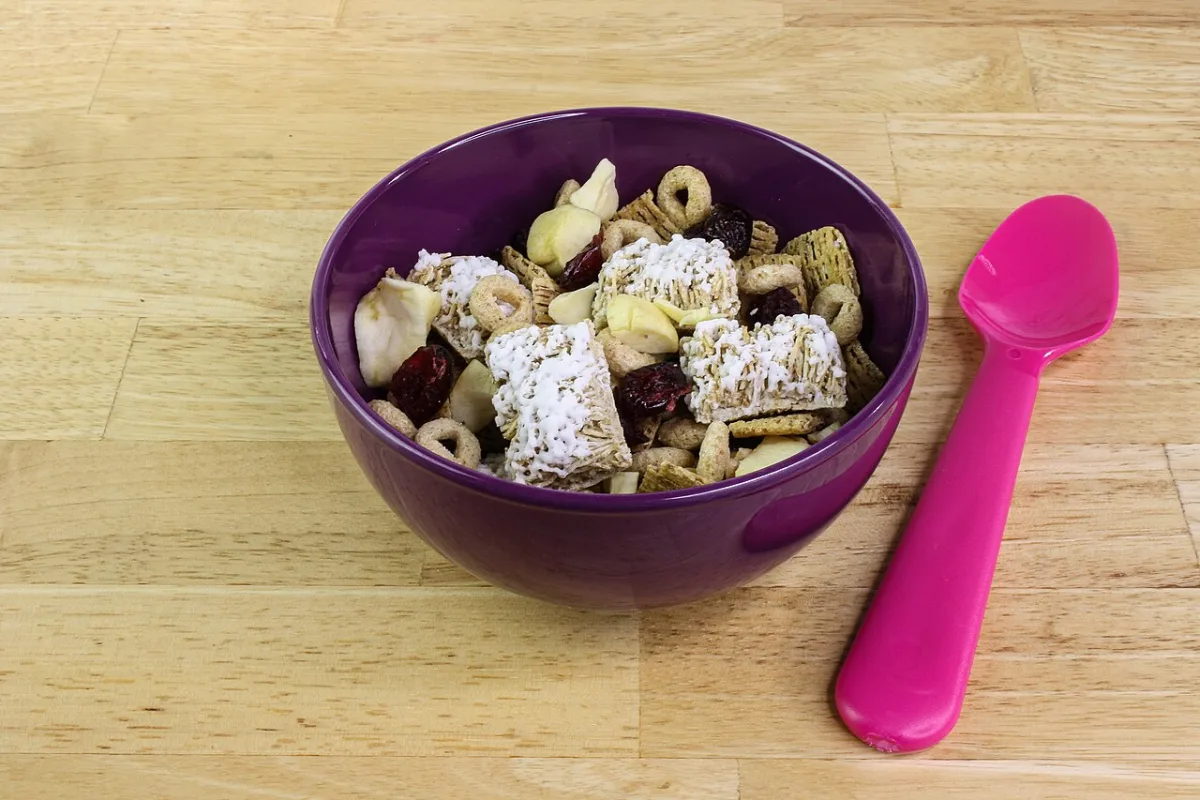 Kinderschaal met fruit, cranberry's en muesli naast een roze kinderlepel.