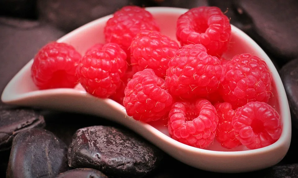 Schaaltje met verse frambozen, een fruitsoort met veel vezels per honderd gram.